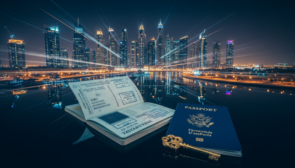 Dubai real estate investment from USA — aerial view of Dubai Marina skyline at night
