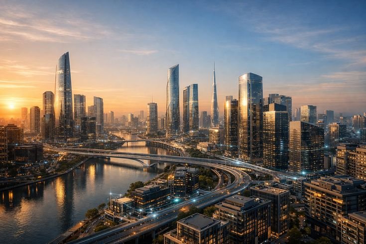 Apartments for Sale in Dubai with modern skyline and waterfront towers at sunset