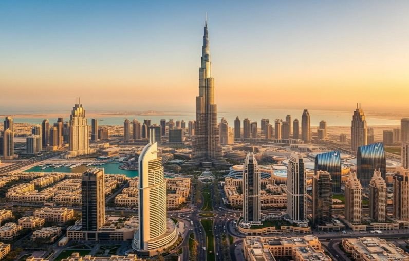 Dubai skyline with Burj Khalifa and modern skyscrapers at sunset
