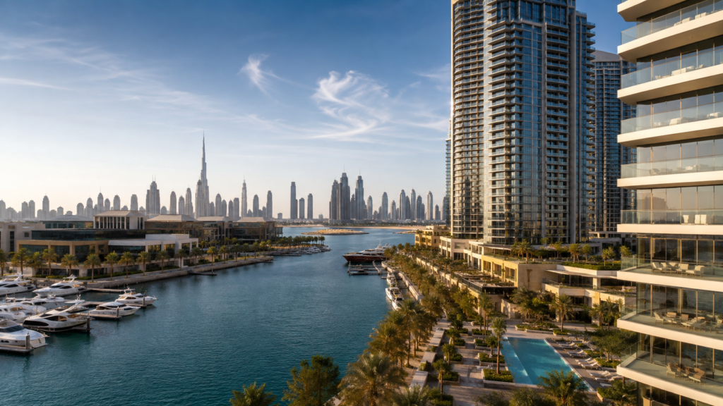 Luxury waterfront off-plan properties in Dubai with marina, modern towers and city skyline