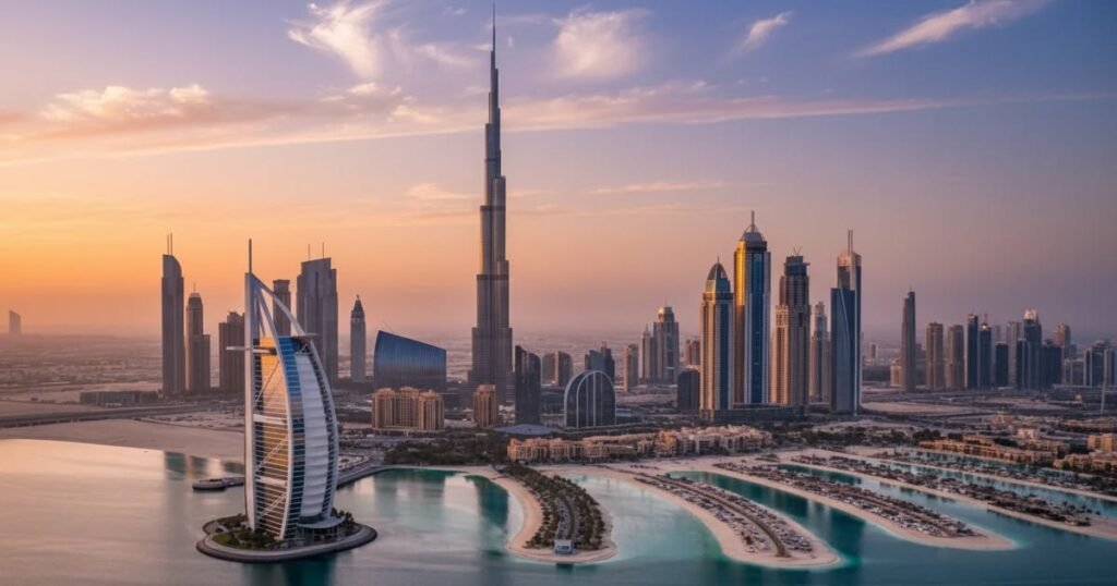 Dubai skyline with Burj Khalifa showcasing luxury real estate investment opportunities