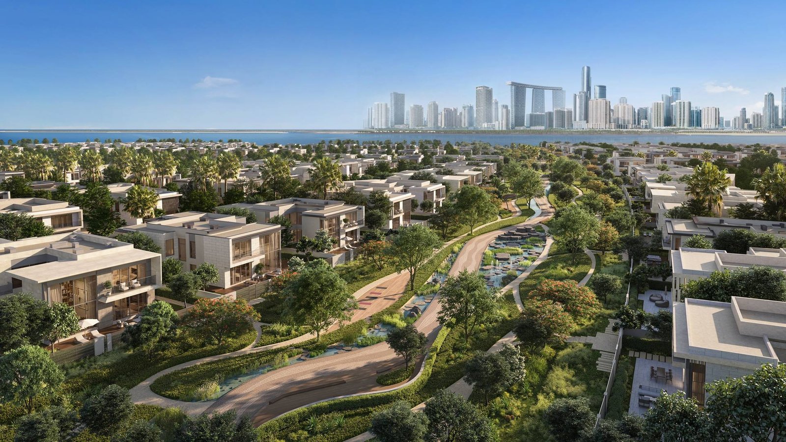 Aerial view of the Talay villa community at Marsa Al Saadiyat, with the Abu Dhabi skyline beyond